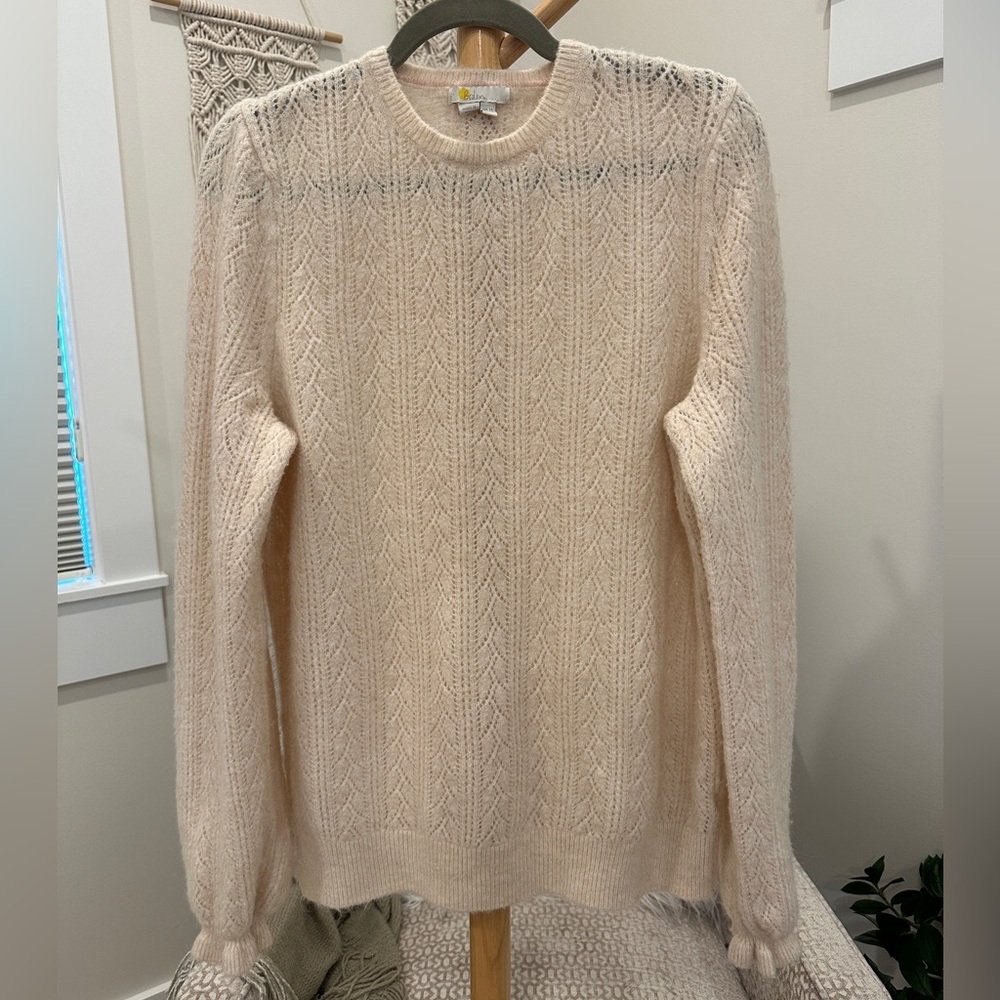 Boden Soft Pink Mohair Blend Lace Knit Sweater Puff Sleeve Cozy Size US 10